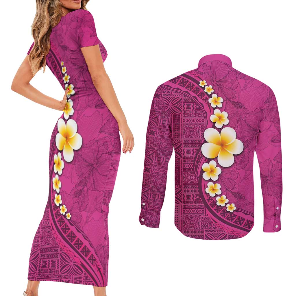 Polynesian Hibiscus and Plumeria with Tapa Pattern Couples Matching Short Sleeve Bodycon Dress and Long Sleeve Button Shirt Pink Color
