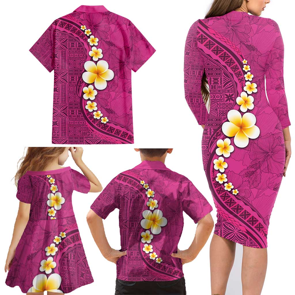 Polynesian Hibiscus and Plumeria with Tapa Pattern Family Matching Long Sleeve Bodycon Dress and Hawaiian Shirt Pink Color LT03 - Polynesian Pride