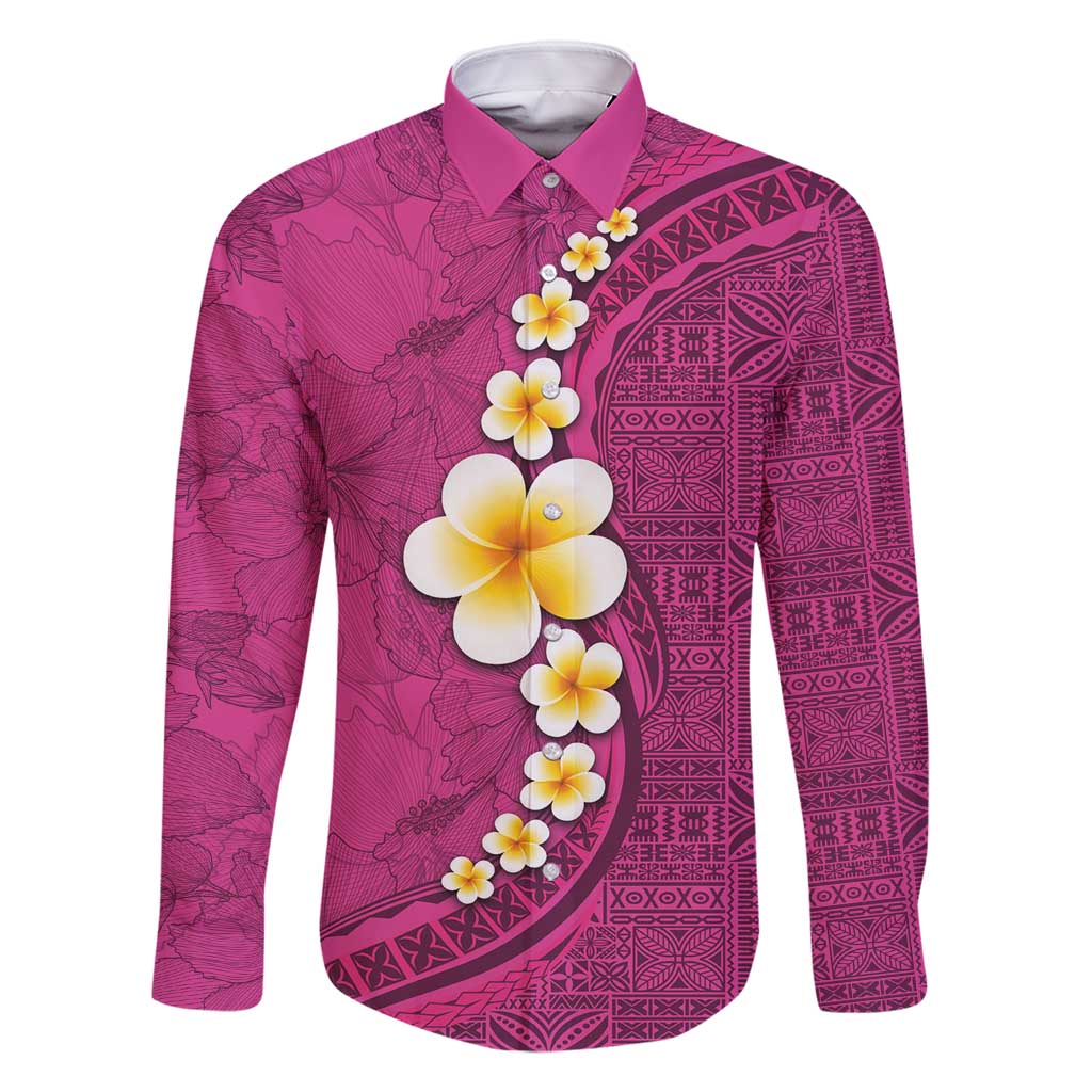 Polynesian Hibiscus and Plumeria with Tapa Pattern Family Matching Long Sleeve Bodycon Dress and Hawaiian Shirt Pink Color LT03 Dad's Shirt - Long Sleeve Pink - Polynesian Pride