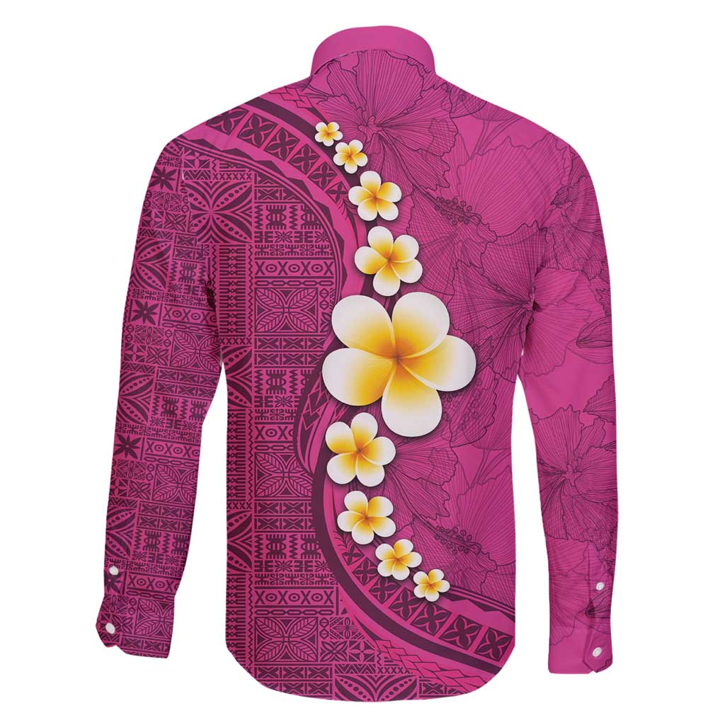 Polynesian Hibiscus and Plumeria with Tapa Pattern Family Matching Long Sleeve Bodycon Dress and Hawaiian Shirt Pink Color LT03 - Polynesian Pride