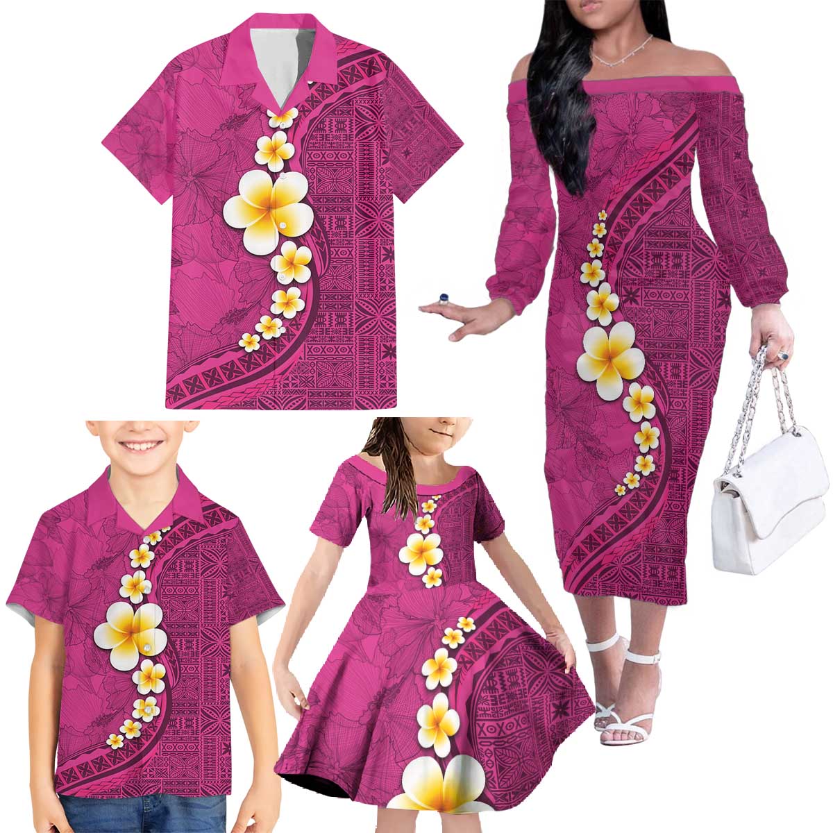 Polynesian Hibiscus and Plumeria with Tapa Pattern Family Matching Off The Shoulder Long Sleeve Dress and Hawaiian Shirt Pink Color LT03 - Polynesian Pride