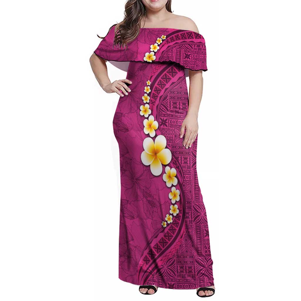 Polynesian Hibiscus and Plumeria with Tapa Pattern Family Matching Off Shoulder Maxi Dress and Hawaiian Shirt Pink Color LT03 Mom's Dress Pink - Polynesian Pride