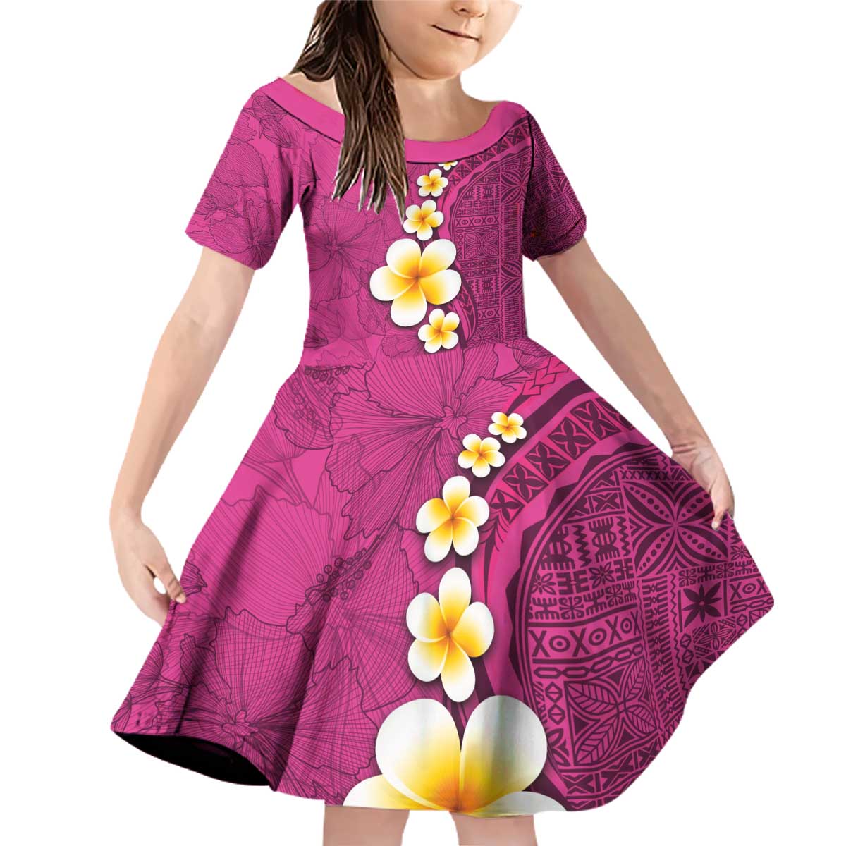 Polynesian Hibiscus and Plumeria with Tapa Pattern Family Matching Off Shoulder Short Dress and Hawaiian Shirt Pink Color LT03 Daughter's Dress Pink - Polynesian Pride