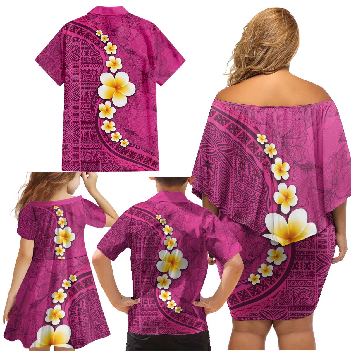 Polynesian Hibiscus and Plumeria with Tapa Pattern Family Matching Off Shoulder Short Dress and Hawaiian Shirt Pink Color LT03 - Polynesian Pride