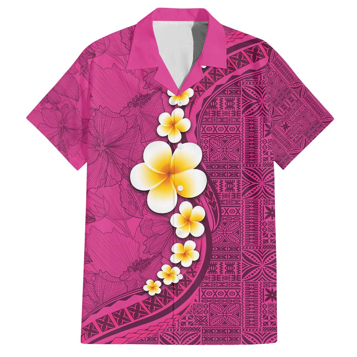 Polynesian Hibiscus and Plumeria with Tapa Pattern Family Matching Off Shoulder Short Dress and Hawaiian Shirt Pink Color LT03 Dad's Shirt - Short Sleeve Pink - Polynesian Pride