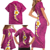 Polynesian Hibiscus and Plumeria with Tapa Pattern Family Matching Short Sleeve Bodycon Dress and Hawaiian Shirt Pink Color LT03 - Polynesian Pride