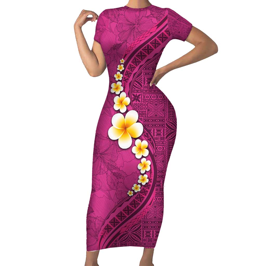 Polynesian Hibiscus and Plumeria with Tapa Pattern Family Matching Short Sleeve Bodycon Dress and Hawaiian Shirt Pink Color LT03 Mom's Dress Pink - Polynesian Pride