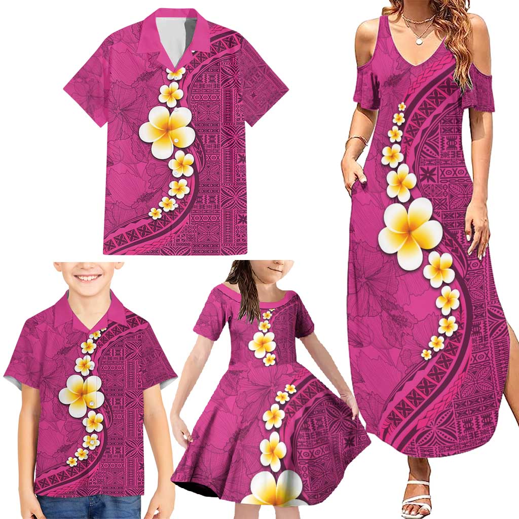 Polynesian Hibiscus and Plumeria with Tapa Pattern Family Matching Summer Maxi Dress and Hawaiian Shirt Pink Color LT03 - Polynesian Pride
