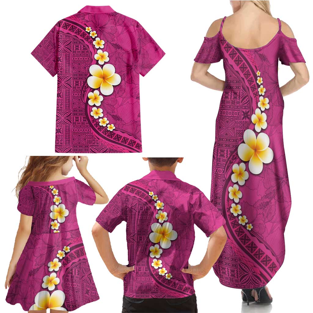 Polynesian Hibiscus and Plumeria with Tapa Pattern Family Matching Summer Maxi Dress and Hawaiian Shirt Pink Color LT03 - Polynesian Pride