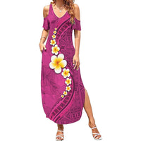 Polynesian Hibiscus and Plumeria with Tapa Pattern Family Matching Summer Maxi Dress and Hawaiian Shirt Pink Color LT03 Mom's Dress Pink - Polynesian Pride