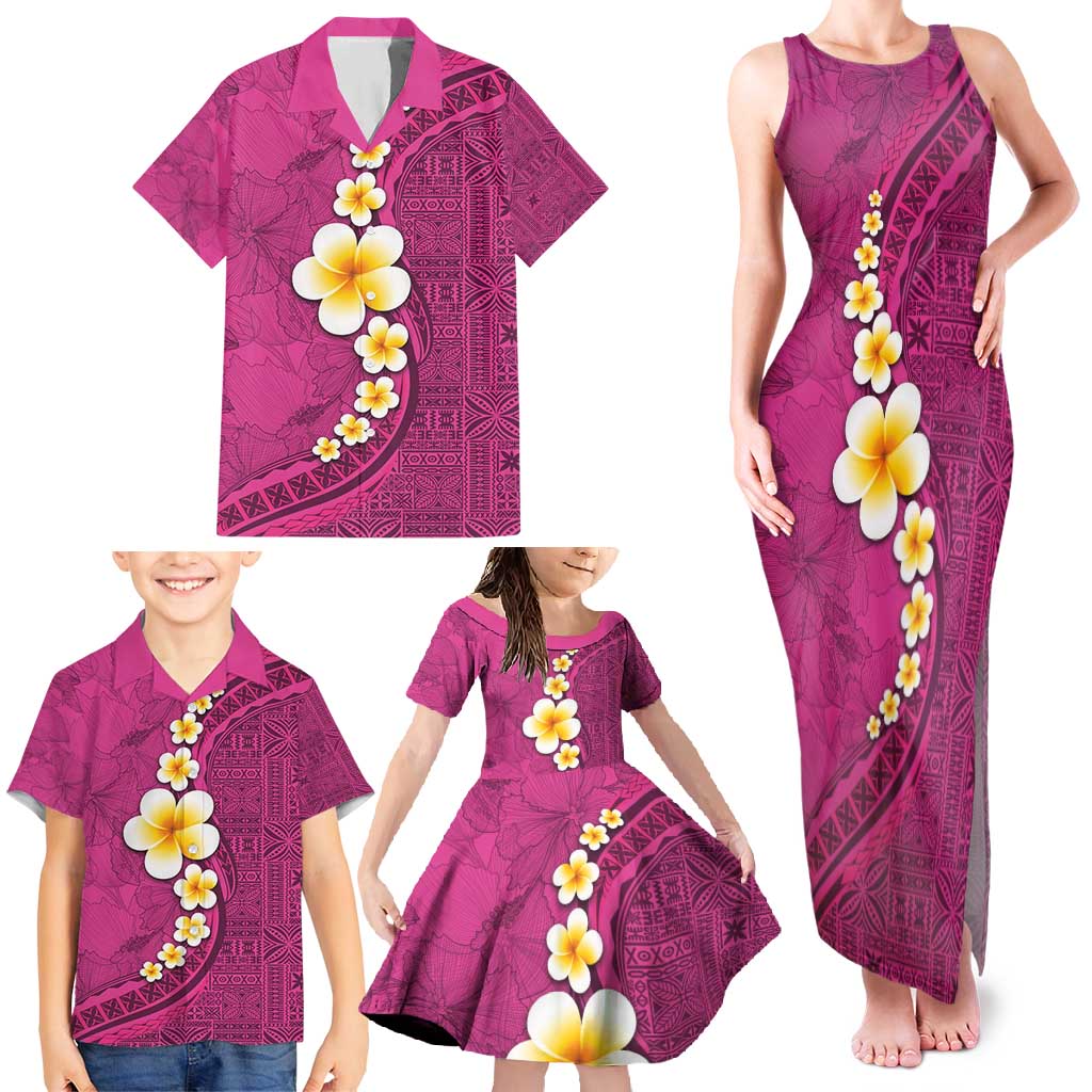 Polynesian Hibiscus and Plumeria with Tapa Pattern Family Matching Tank Maxi Dress and Hawaiian Shirt Pink Color LT03 - Polynesian Pride