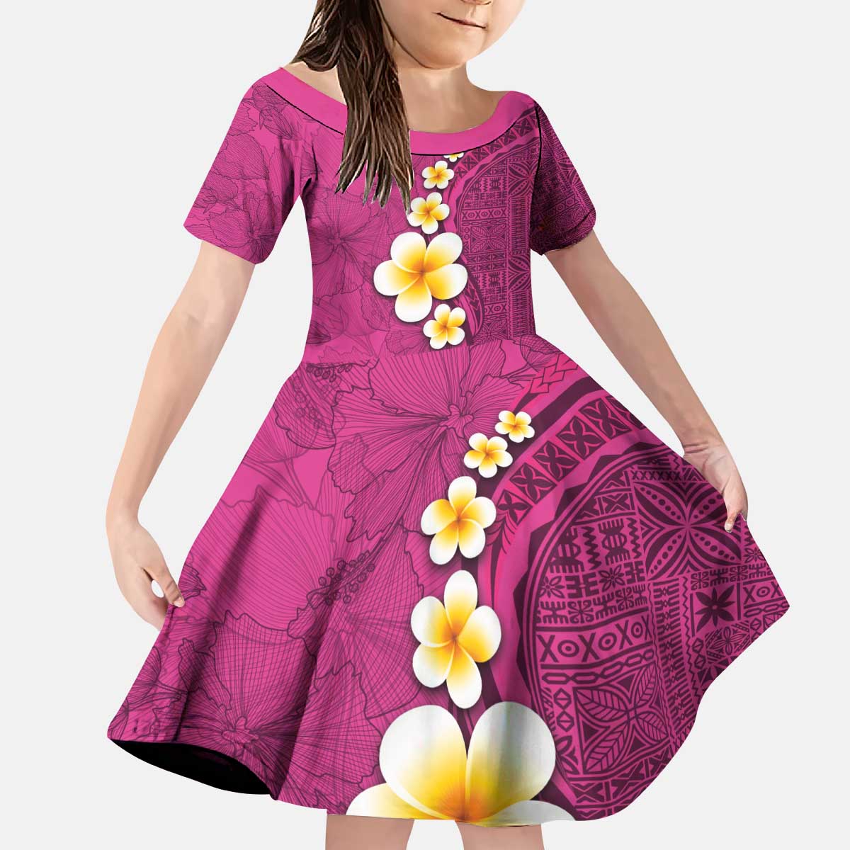 Polynesian Hibiscus and Plumeria with Tapa Pattern Kid Short Sleeve Dress Pink Color LT03 KID Pink - Polynesian Pride