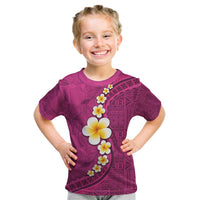 Polynesian Hibiscus and Plumeria with Tapa Pattern Kid T Shirt Pink Color