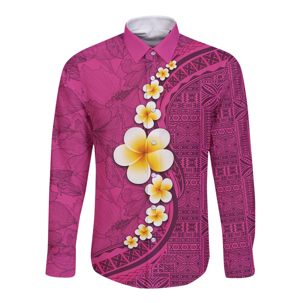 Polynesian Hibiscus and Plumeria with Tapa Pattern Long Sleeve Button Shirt Pink Color LT03 Unisex Pink - Polynesian Pride