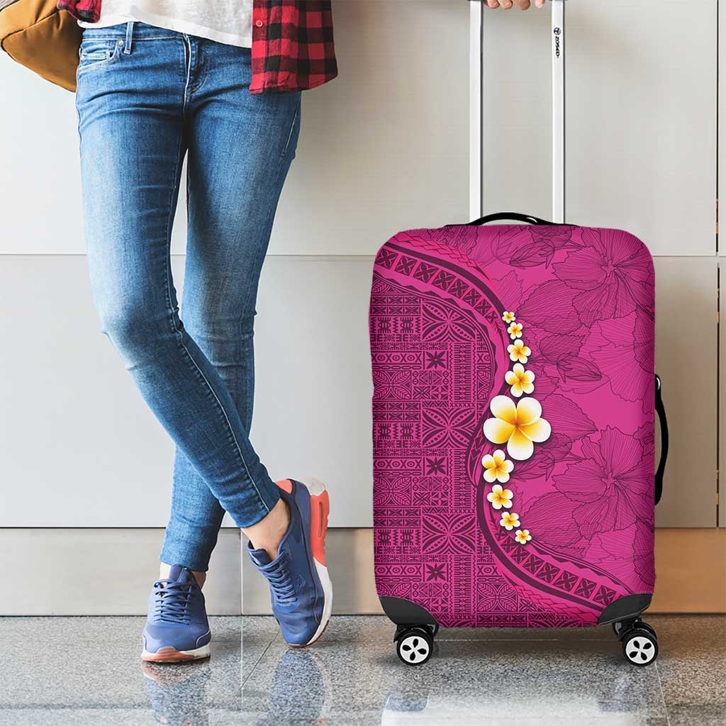 Polynesian Hibiscus and Plumeria with Tapa Pattern Luggage Cover Pink Color