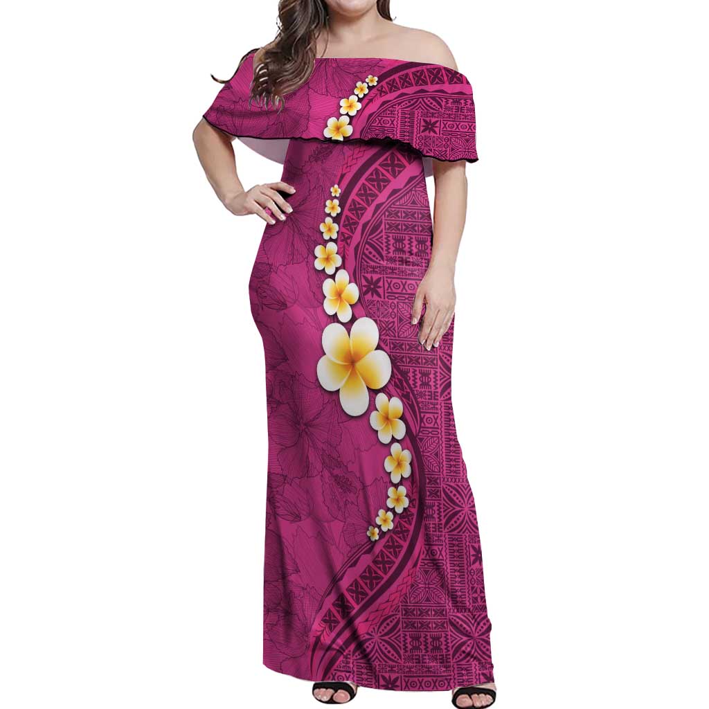 Polynesian Hibiscus and Plumeria with Tapa Pattern Off Shoulder Maxi Dress Pink Color