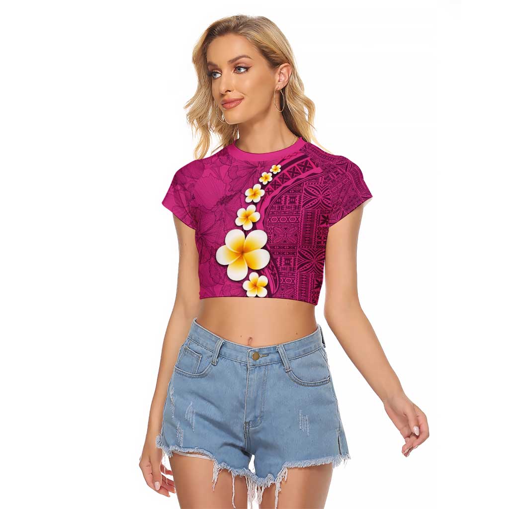 Polynesian Hibiscus and Plumeria with Tapa Pattern Raglan Cropped T Shirt Pink Color