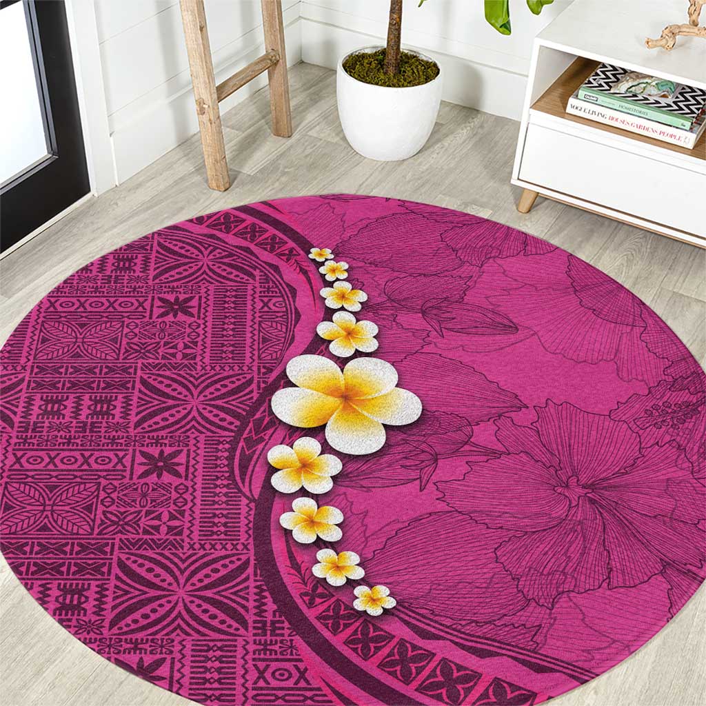 Polynesian Hibiscus and Plumeria with Tapa Pattern Round Carpet Pink Color LT03 Pink - Polynesian Pride