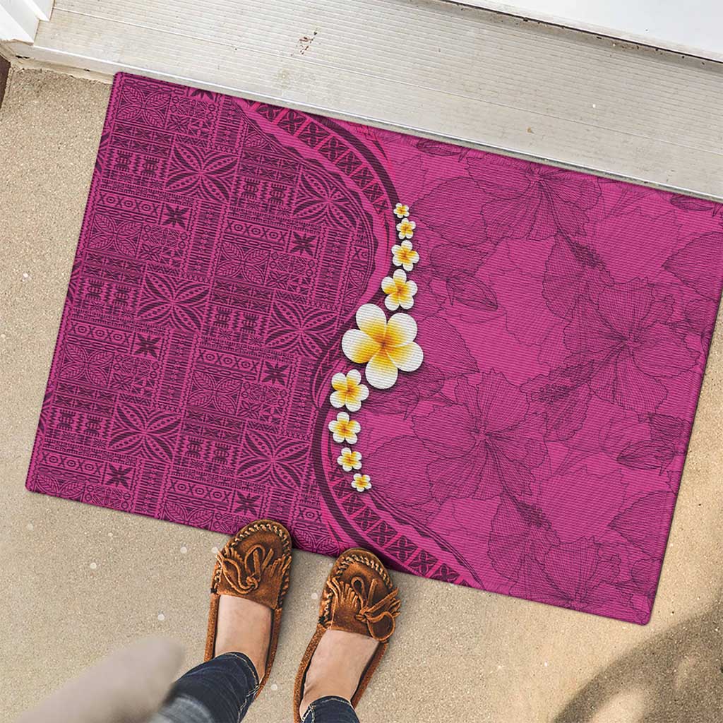 Polynesian Hibiscus and Plumeria with Tapa Pattern Rubber Doormat Pink Color