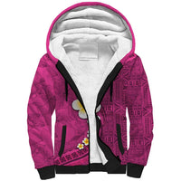 Polynesian Hibiscus and Plumeria with Tapa Pattern Sherpa Hoodie Pink Color