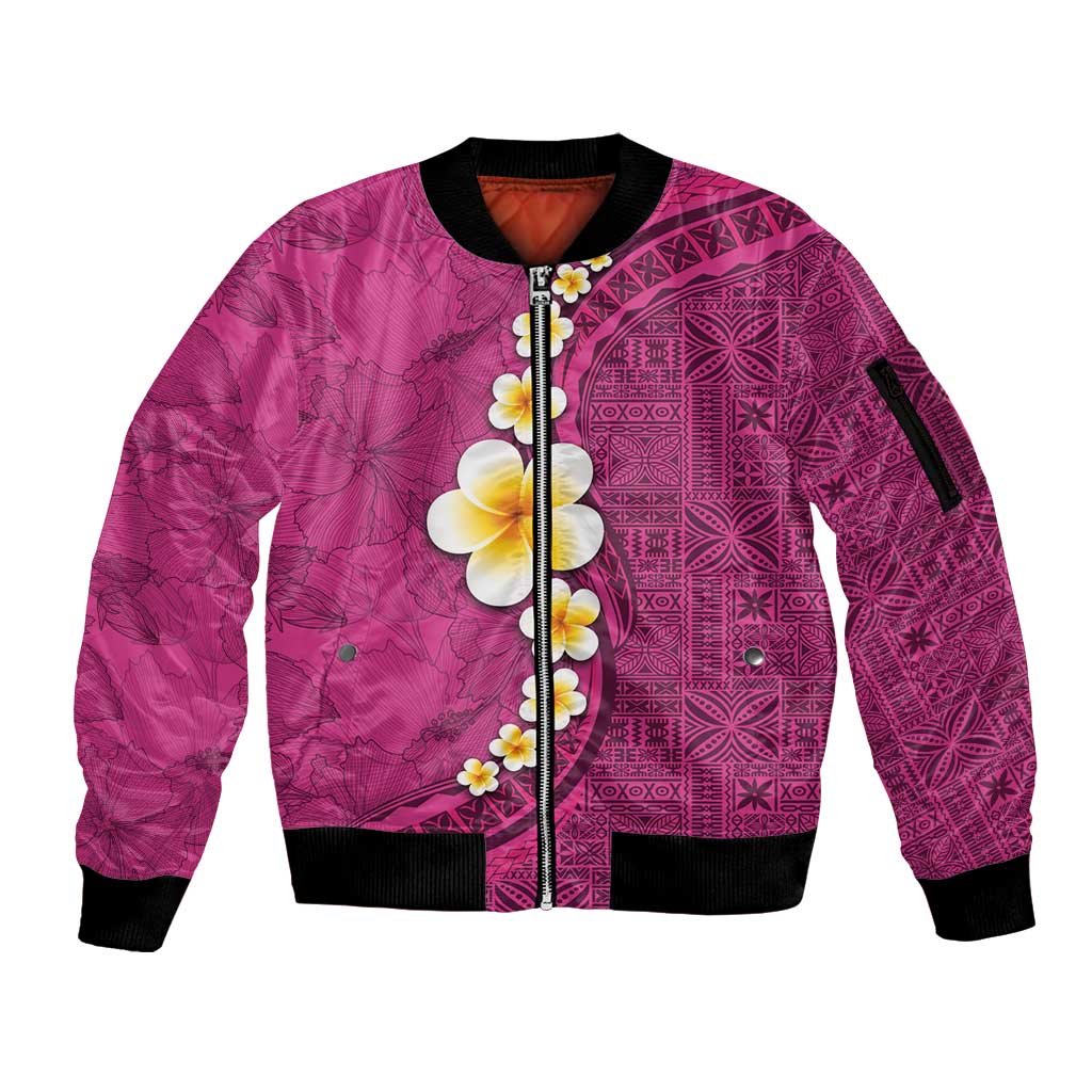 Polynesian Hibiscus and Plumeria with Tapa Pattern Sleeve Zip Bomber Jacket Pink Color LT03 Unisex Pink - Polynesian Pride