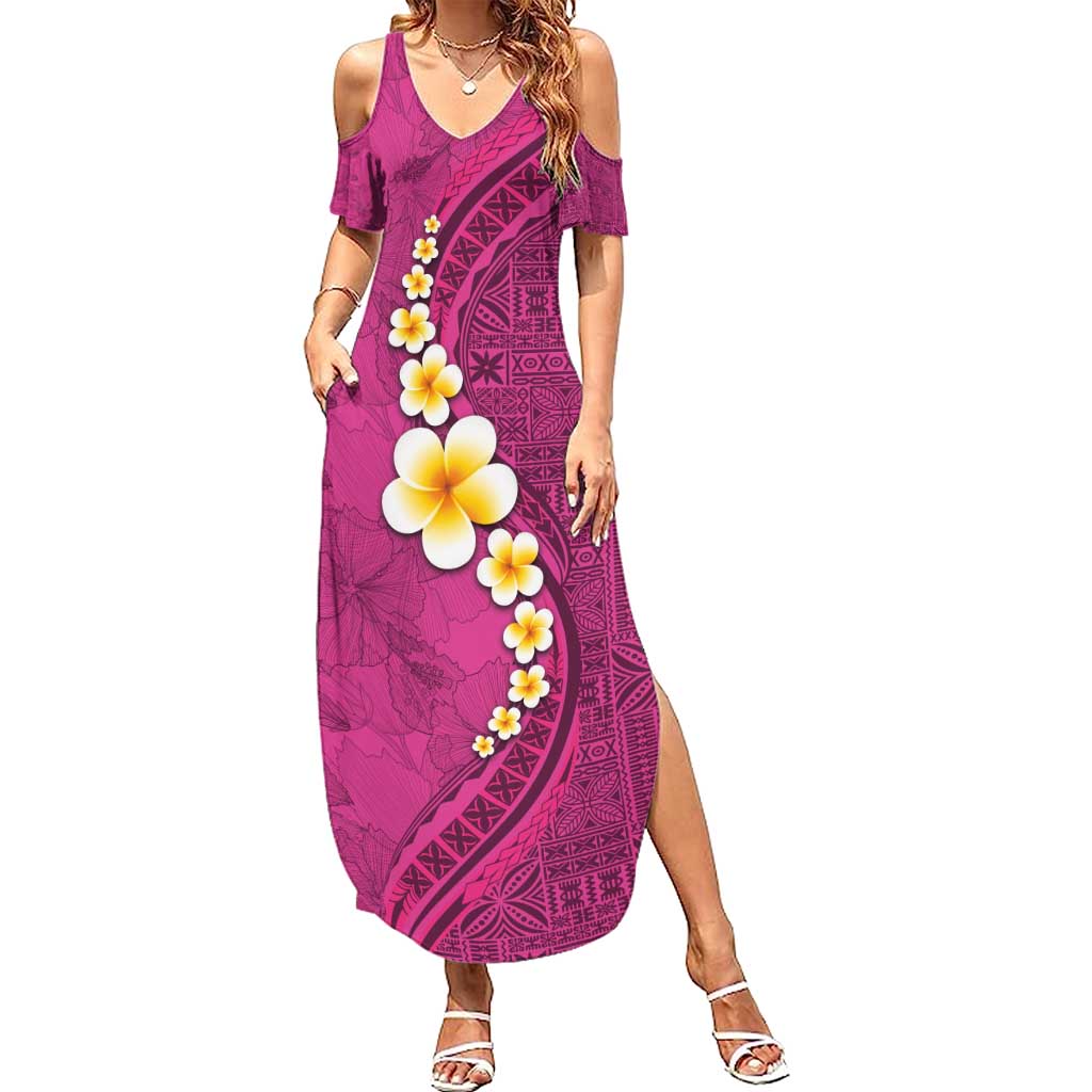 Polynesian Hibiscus and Plumeria with Tapa Pattern Summer Maxi Dress Pink Color LT03 Women Pink - Polynesian Pride