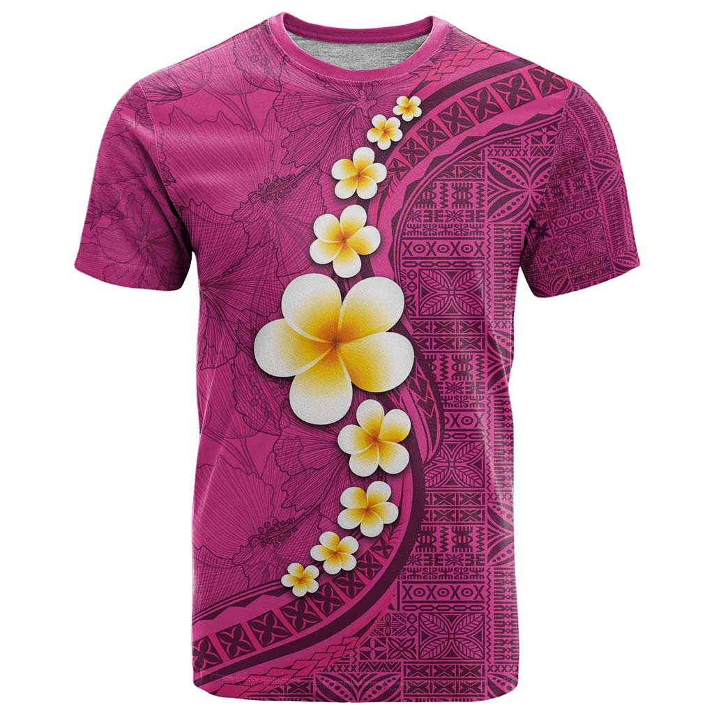 Polynesian Hibiscus and Plumeria with Tapa Pattern T Shirt Pink Color