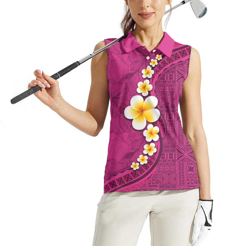 Polynesian Hibiscus and Plumeria with Tapa Pattern Women Sleeveless Polo Shirt Pink Color