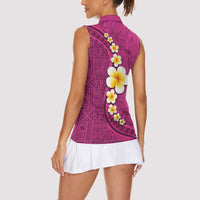 Polynesian Hibiscus and Plumeria with Tapa Pattern Women Sleeveless Polo Shirt Pink Color