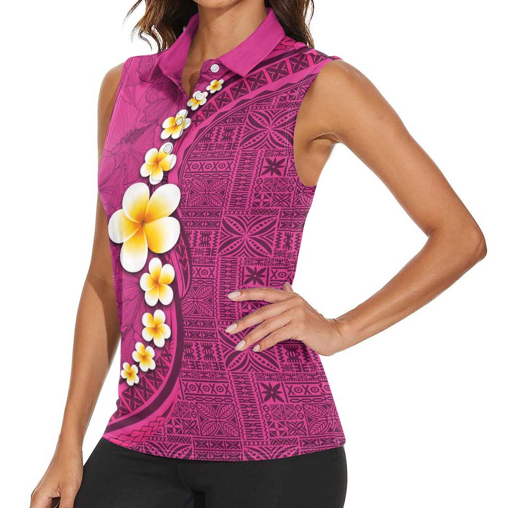 Polynesian Hibiscus and Plumeria with Tapa Pattern Women Sleeveless Polo Shirt Pink Color