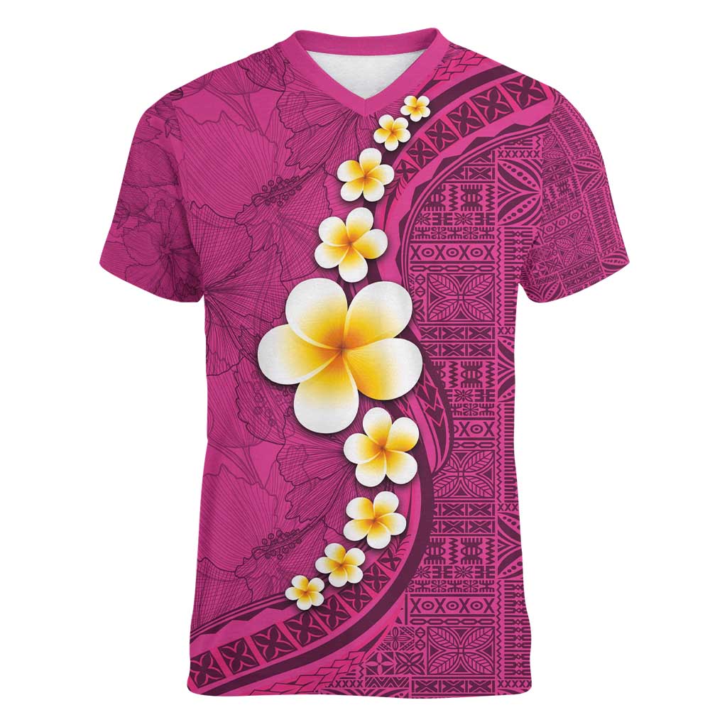 Polynesian Hibiscus and Plumeria with Tapa Pattern Women V-Neck T-Shirt Pink Color