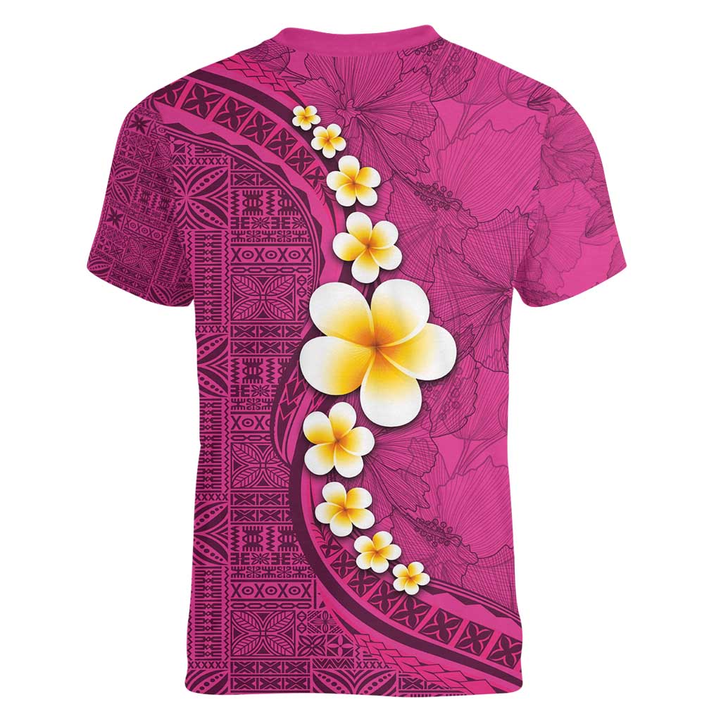 Polynesian Hibiscus and Plumeria with Tapa Pattern Women V-Neck T-Shirt Pink Color