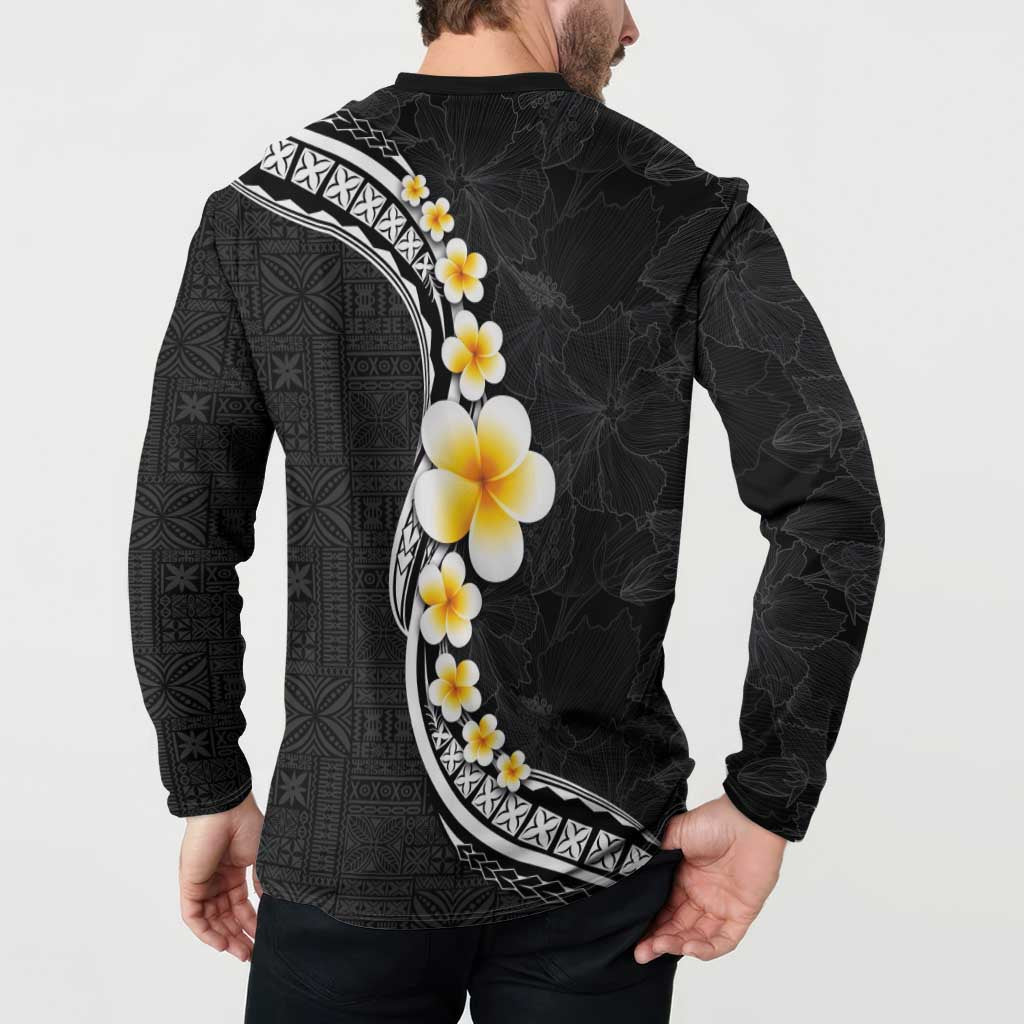 Pacific Hibiscus and Plumeria with Tapa Pattern Button Sweatshirt Black Color