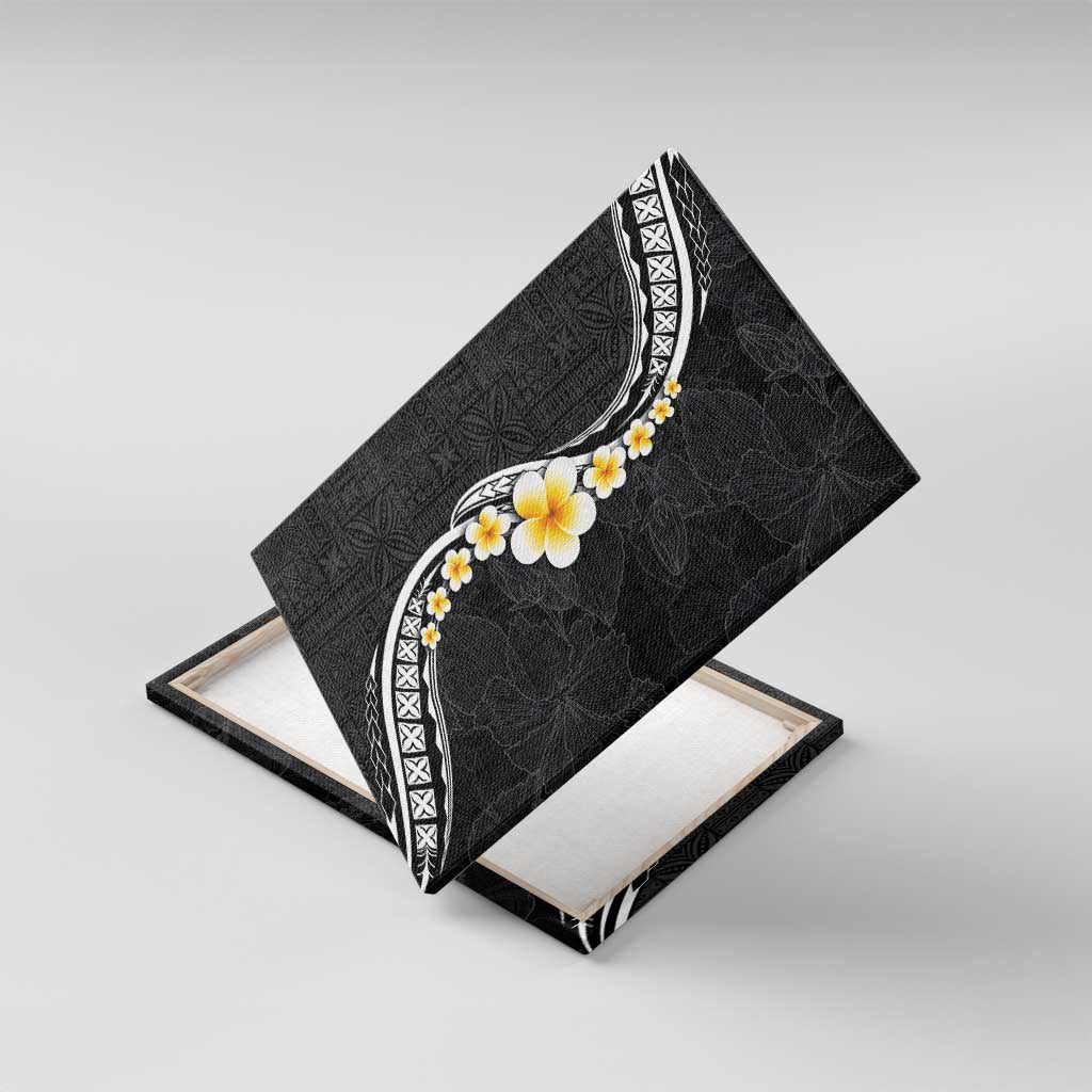 Pacific Hibiscus and Plumeria with Tapa Pattern Canvas Wall Art Black Color