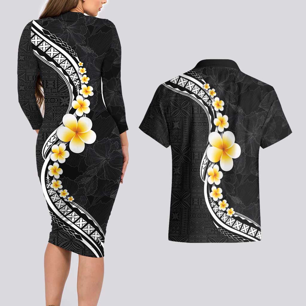Pacific Hibiscus and Plumeria with Tapa Pattern Couples Matching Long Sleeve Bodycon Dress and Hawaiian Shirt Black Color