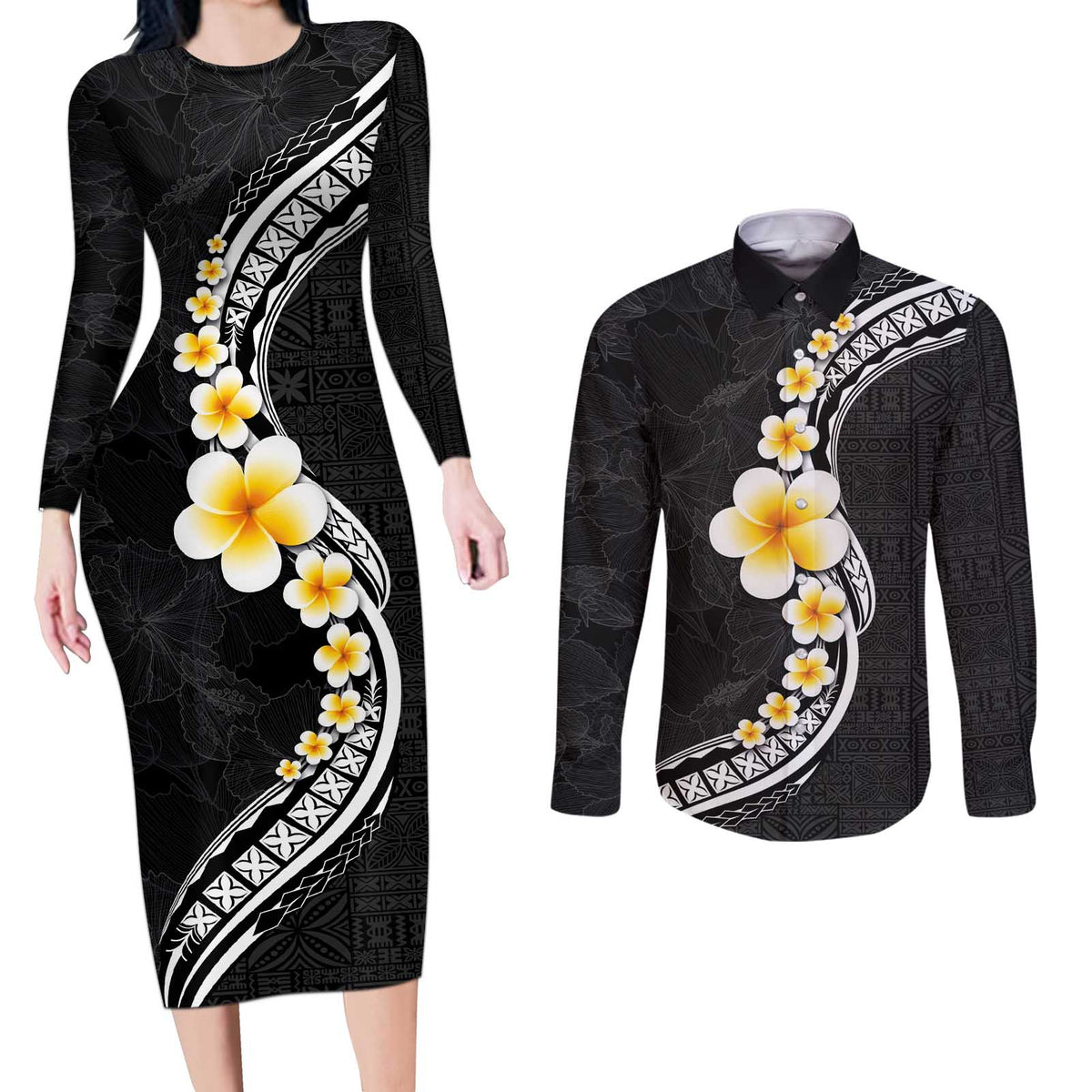 Pacific Hibiscus and Plumeria with Tapa Pattern Couples Matching Long Sleeve Bodycon Dress and Long Sleeve Button Shirt Black Color