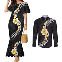 Pacific Hibiscus and Plumeria with Tapa Pattern Couples Matching Mermaid Dress and Long Sleeve Button Shirt Black Color