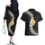 Pacific Hibiscus and Plumeria with Tapa Pattern Couples Matching Off The Shoulder Long Sleeve Dress and Hawaiian Shirt Black Color