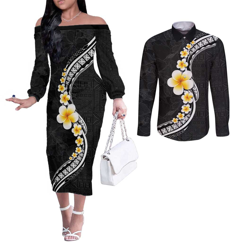 Pacific Hibiscus and Plumeria with Tapa Pattern Couples Matching Off The Shoulder Long Sleeve Dress and Long Sleeve Button Shirt Black Color