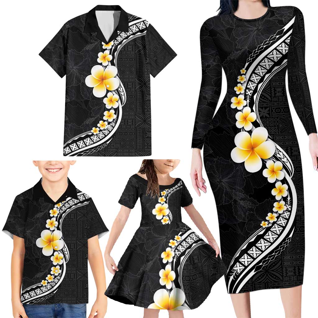 Pacific Hibiscus and Plumeria with Tapa Pattern Family Matching Long Sleeve Bodycon Dress and Hawaiian Shirt Black Color LT03 - Polynesian Pride