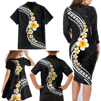 Pacific Hibiscus and Plumeria with Tapa Pattern Family Matching Long Sleeve Bodycon Dress and Hawaiian Shirt Black Color LT03 - Polynesian Pride
