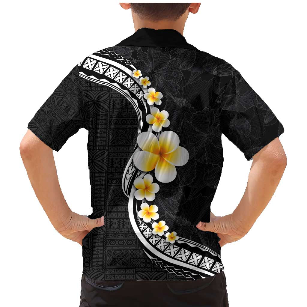 Pacific Hibiscus and Plumeria with Tapa Pattern Family Matching Mermaid Dress and Hawaiian Shirt Black Color LT03 - Polynesian Pride