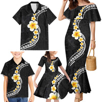 Pacific Hibiscus and Plumeria with Tapa Pattern Family Matching Mermaid Dress and Hawaiian Shirt Black Color LT03 - Polynesian Pride