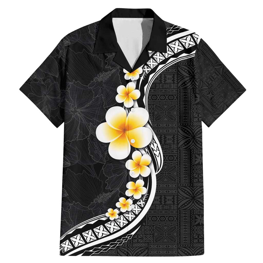 Pacific Hibiscus and Plumeria with Tapa Pattern Family Matching Mermaid Dress and Hawaiian Shirt Black Color LT03 Dad's Shirt - Short Sleeve Black - Polynesian Pride