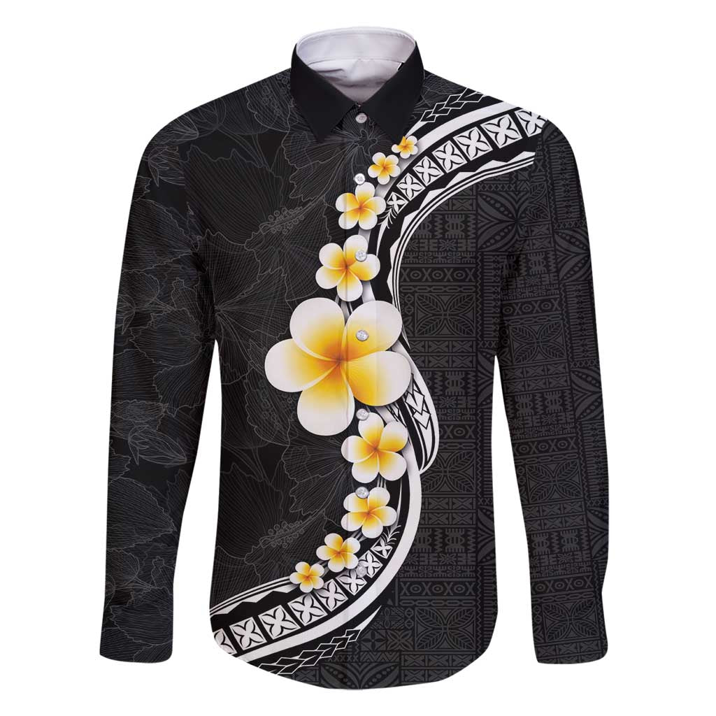 Pacific Hibiscus and Plumeria with Tapa Pattern Family Matching Mermaid Dress and Hawaiian Shirt Black Color LT03 Dad's Shirt - Long Sleeve Black - Polynesian Pride