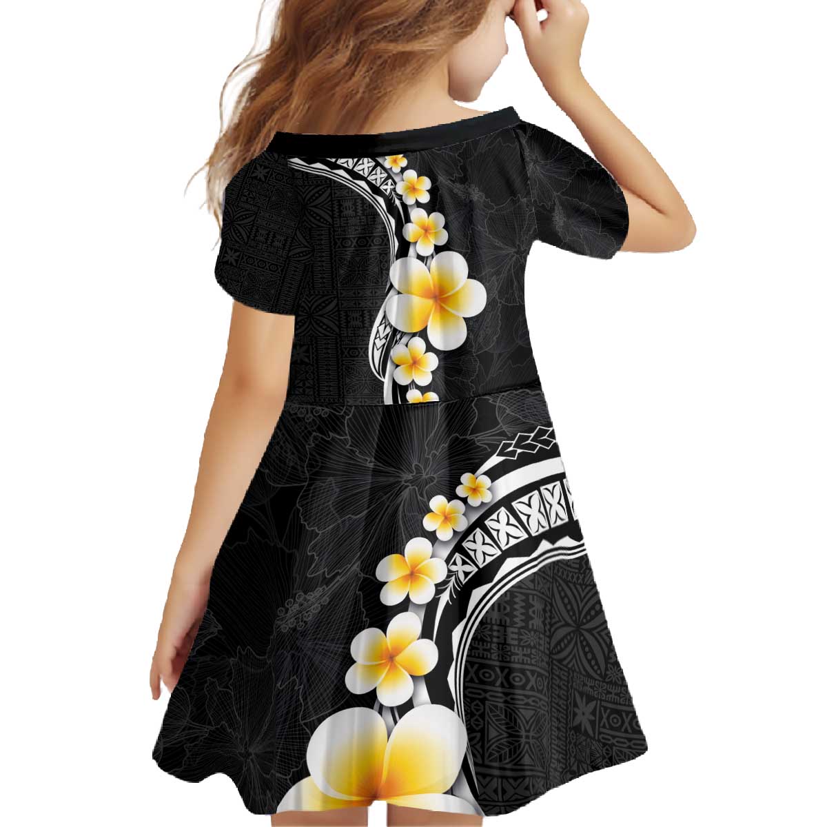 Pacific Hibiscus and Plumeria with Tapa Pattern Family Matching Off The Shoulder Long Sleeve Dress and Hawaiian Shirt Black Color LT03 - Polynesian Pride