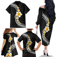 Pacific Hibiscus and Plumeria with Tapa Pattern Family Matching Off The Shoulder Long Sleeve Dress and Hawaiian Shirt Black Color LT03 - Polynesian Pride