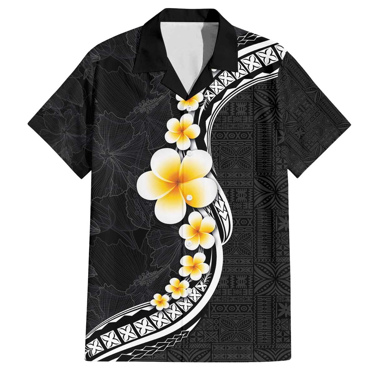 Pacific Hibiscus and Plumeria with Tapa Pattern Family Matching Off The Shoulder Long Sleeve Dress and Hawaiian Shirt Black Color LT03 Dad's Shirt - Short Sleeve Black - Polynesian Pride