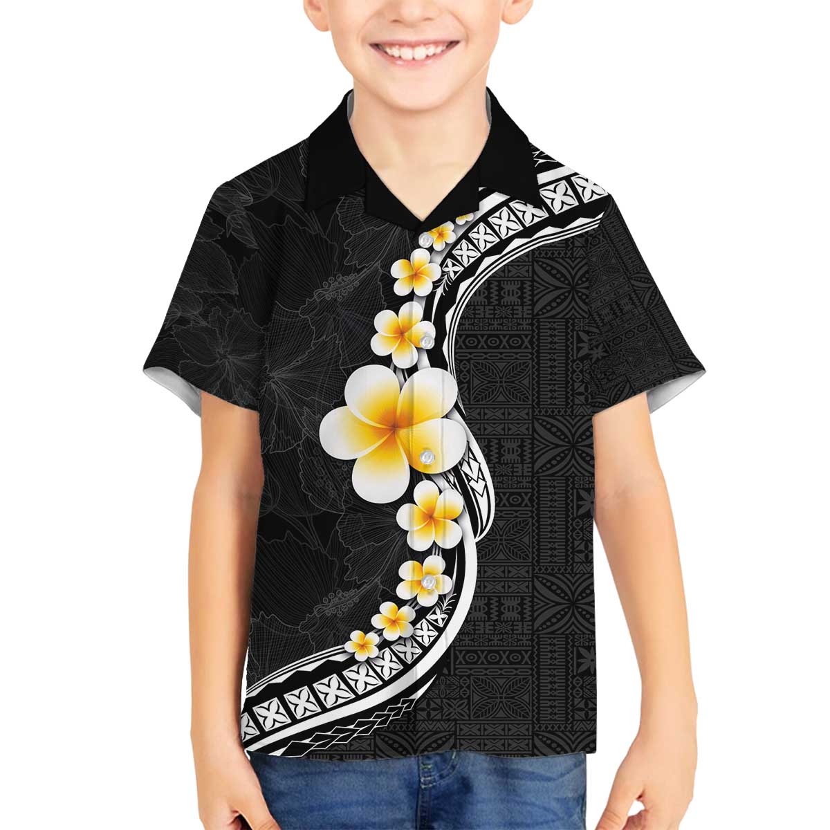 Pacific Hibiscus and Plumeria with Tapa Pattern Family Matching Off The Shoulder Long Sleeve Dress and Hawaiian Shirt Black Color LT03 Son's Shirt Black - Polynesian Pride
