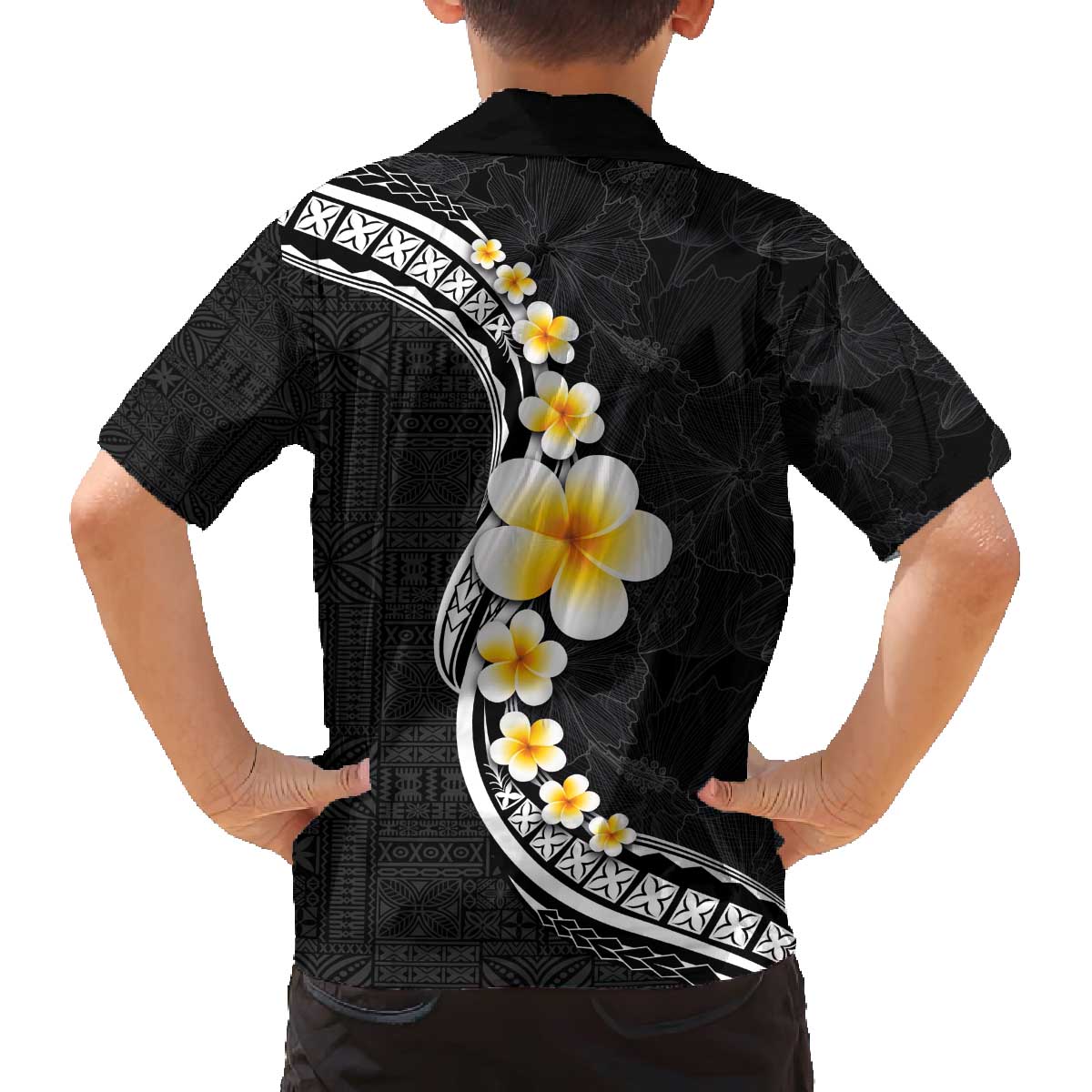 Pacific Hibiscus and Plumeria with Tapa Pattern Family Matching Off Shoulder Short Dress and Hawaiian Shirt Black Color LT03 - Polynesian Pride